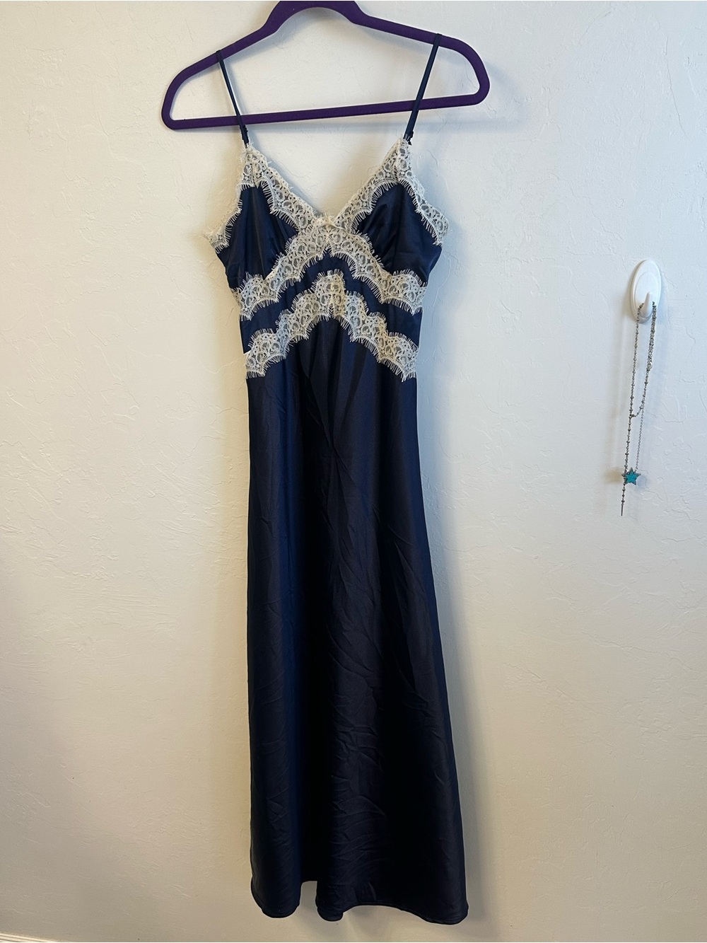 Lace-Trim Satin Slip Dress - Navy